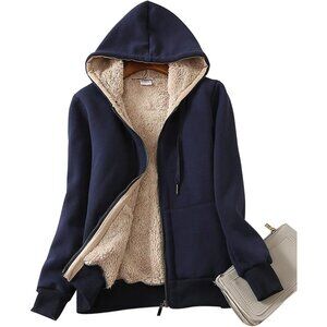 Women's Casual Full Zip Up Sherpa Lined Hoodie Sweatshirt Jacket Coat Dark Blue